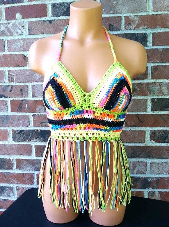 Gypsy Colorful Crochet Fringe Halter Top by Vikni Crochet Designs