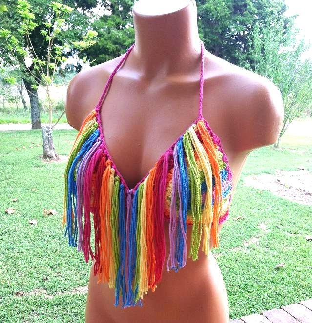 Vikni Crochet Sweetheart Rainbow Fringe Halter Top