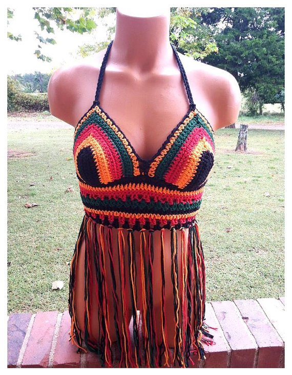 Music Festival Boho Crochet Fringe Top in Black, Red, Orange, Green by Vikni Crochet Designs