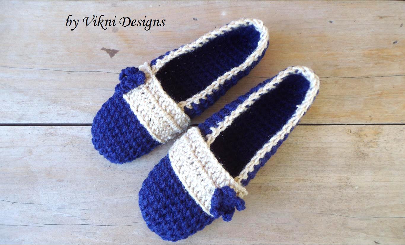 Blue Crochet Slippers, Women's Indoor House Shoes by Vikni
