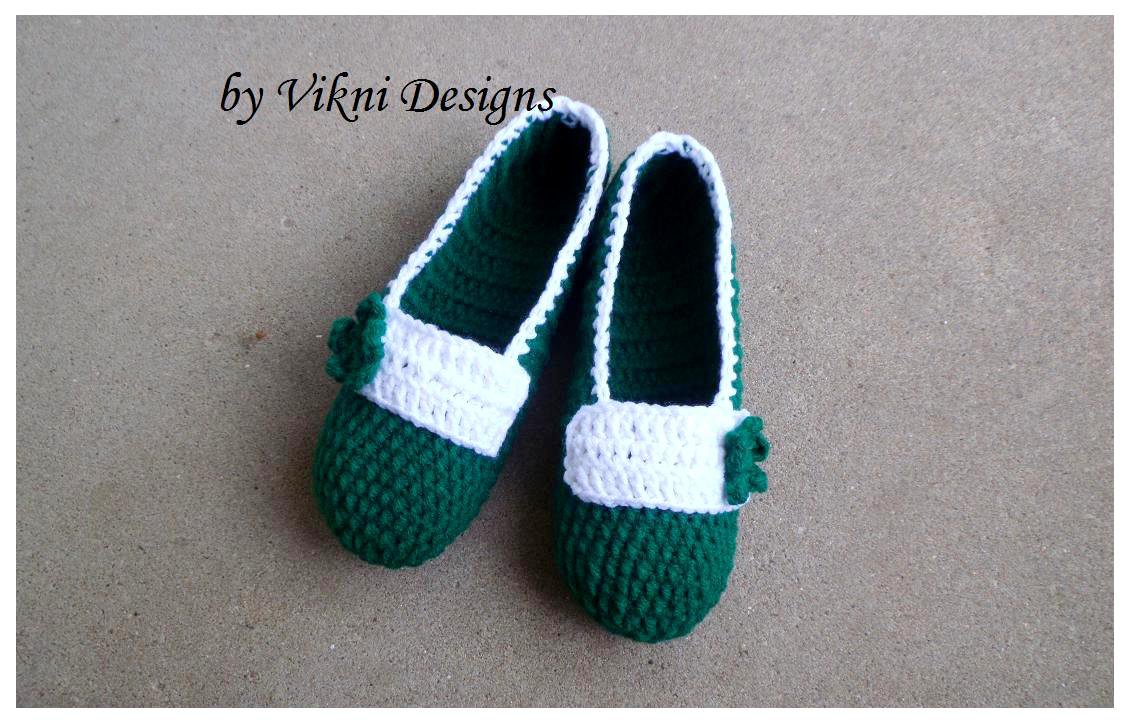 Green Crochet Slippers, Women's Indoor House Shoes by Vikni