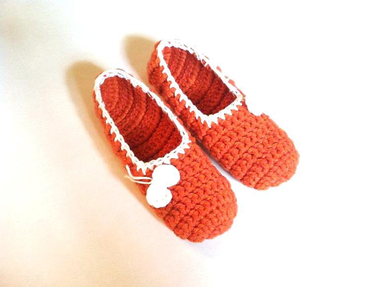 Orange Crochet Slippers, Women's Indoor House Shoes by Vikni