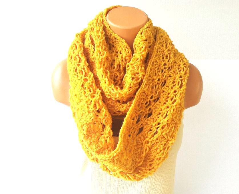Infinity Women Scarf, Mustard Crochet Circle Scarf by Vikni Crochet