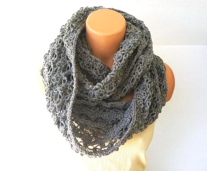 Infinity Women Scarf, Grey Crochet Cowl Scarf by Vikni Crochet