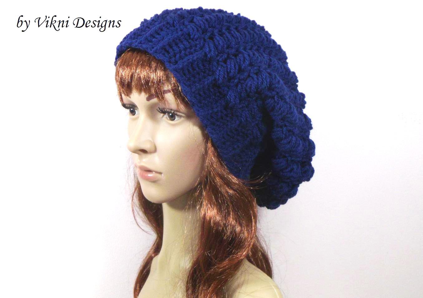 Crochet Slouchy Crochet Hat Beanie in Navy BLue by Vikni Crochet Designs