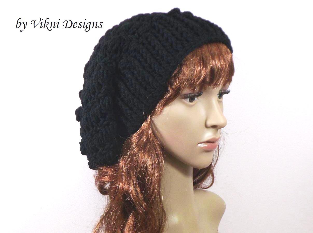 Crochet Slouchy Crochet Hat Beanie in Black by Vikni Crochet Designs