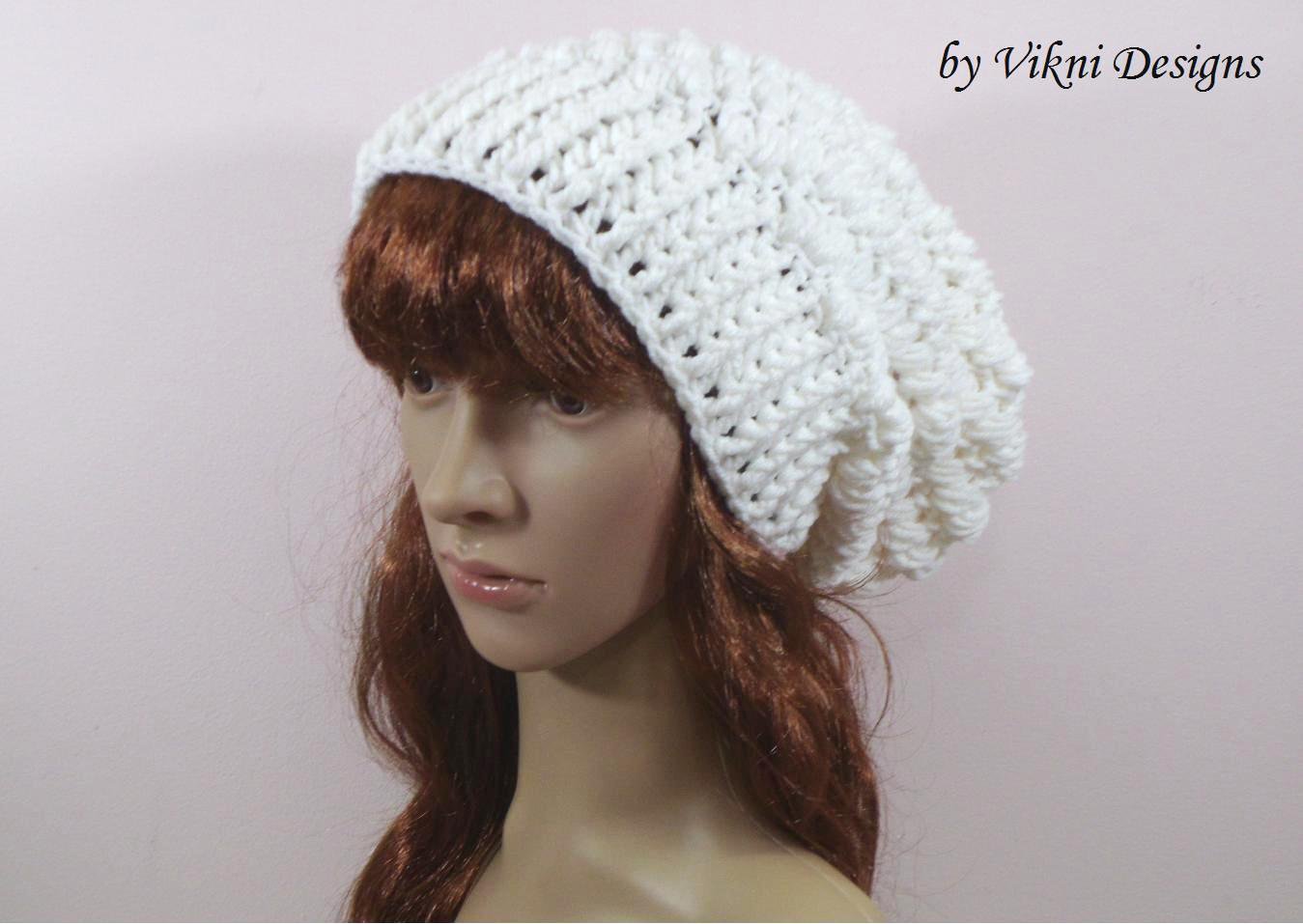 Crochet Slouchy Crochet Hat Beanie in White by Vikni Crochet Designs