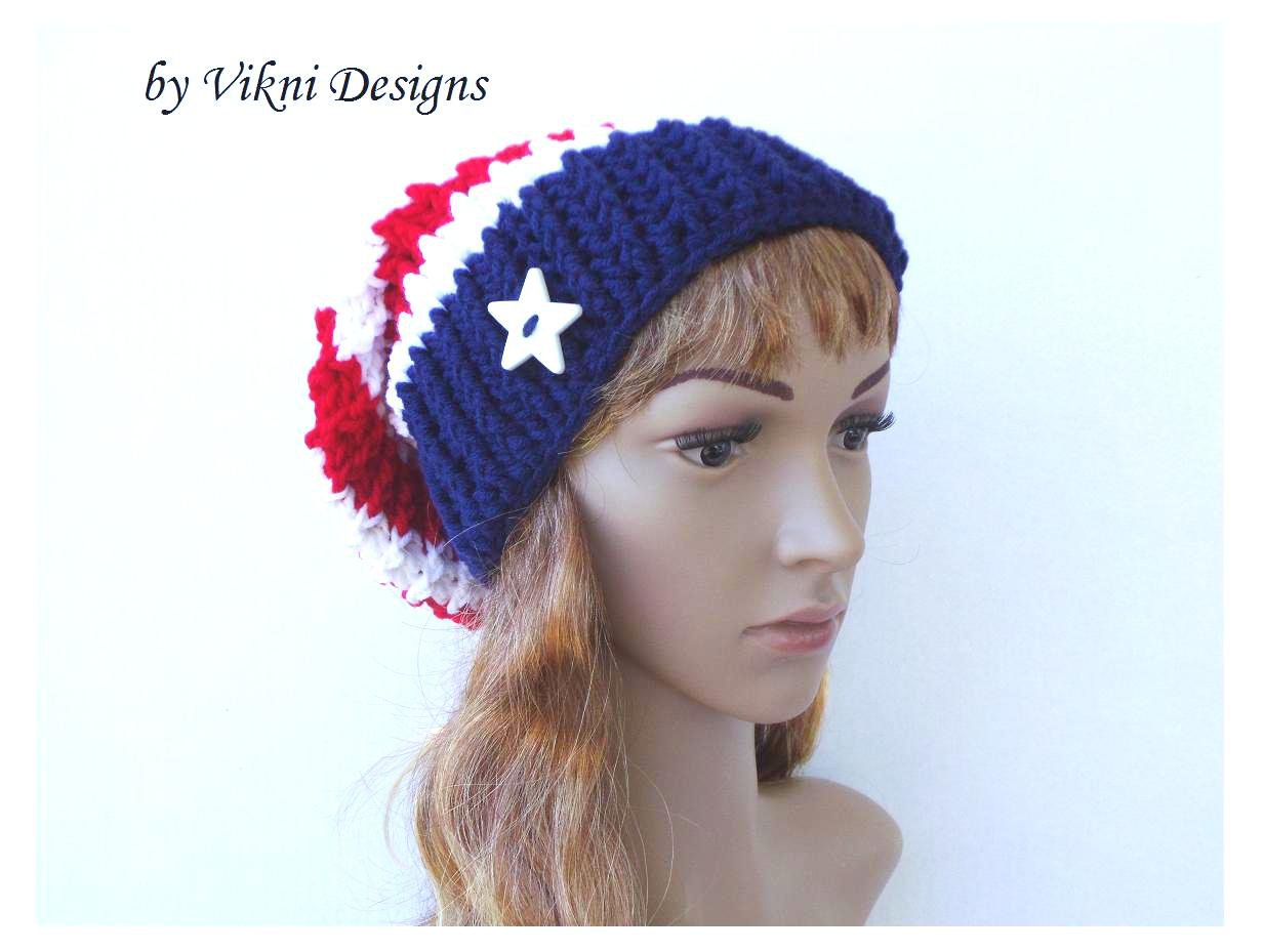 Crochet Slouchy Crochet Hat Beanie in Red, White, Blue by Vikni Crochet Designs