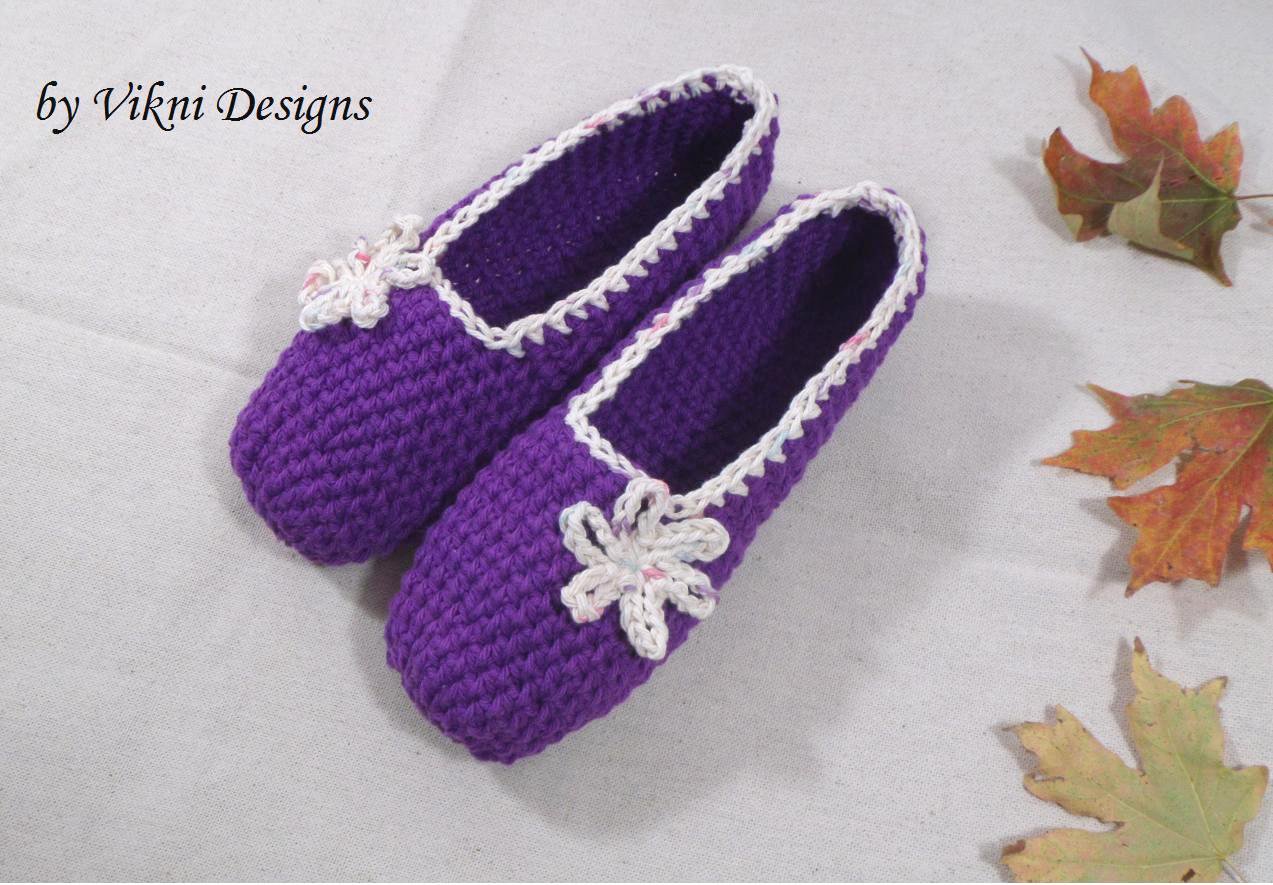 Cotton Slippers, Purple Crochet Slippers, Women's Indoor House Shoes by Vikni