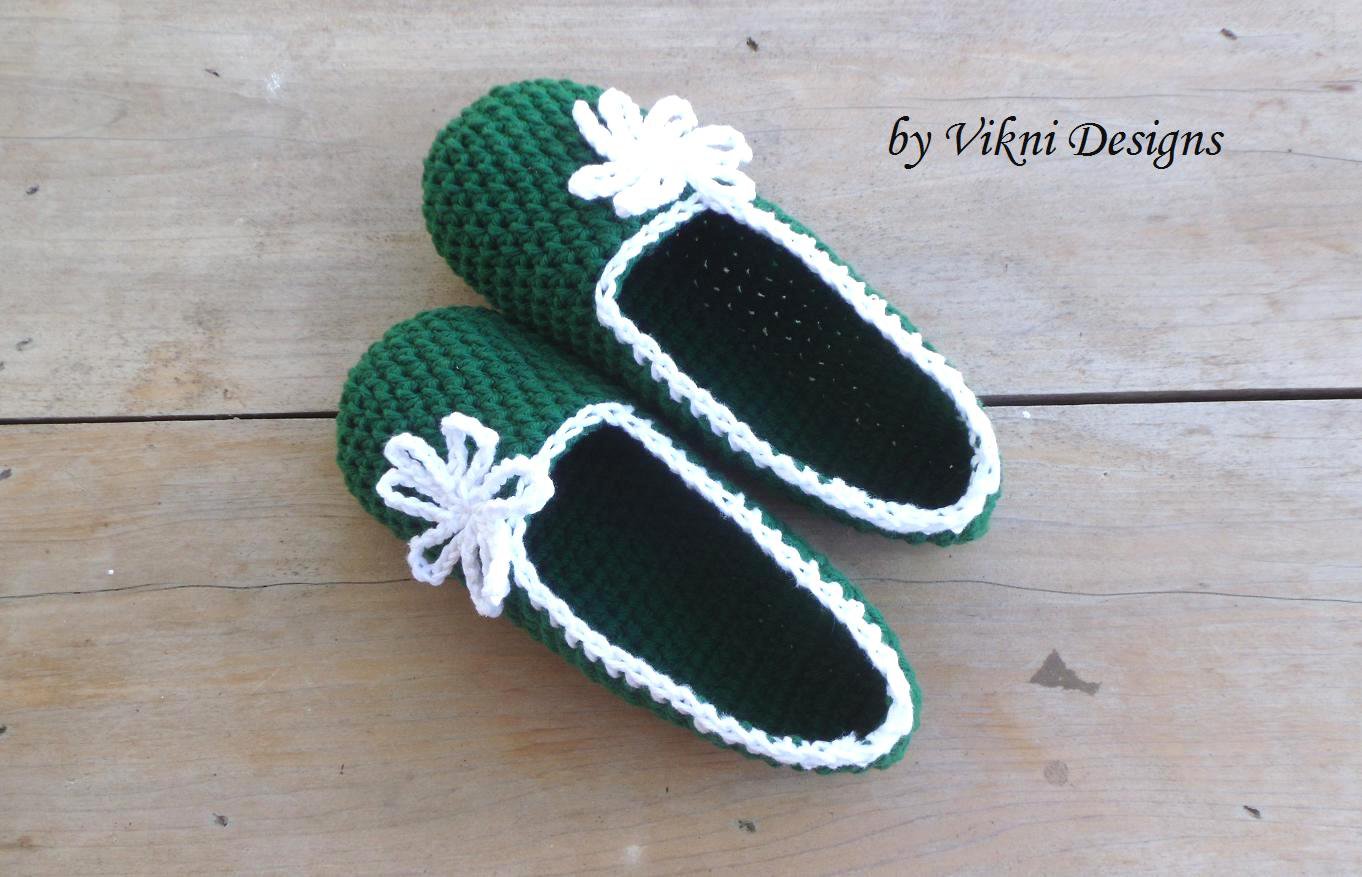 Cotton Slippers, Forest Green Crochet Slippers, Women's Indoor House Shoes by Vikni