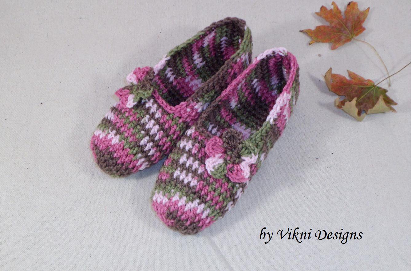 Colorful Pink Crochet Slippers, Women's Indoor House Shoes by Vikni