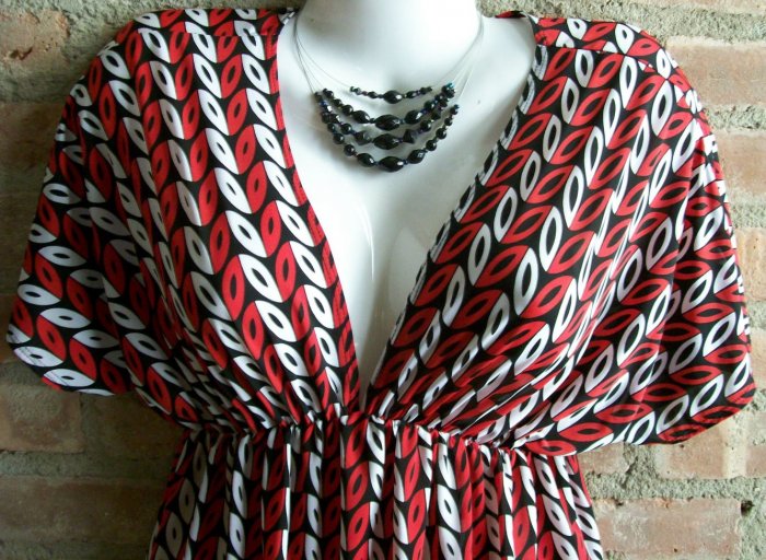 OutFitKit kimono sleeve graphic print v-neck empire waist dress red black white with accessories