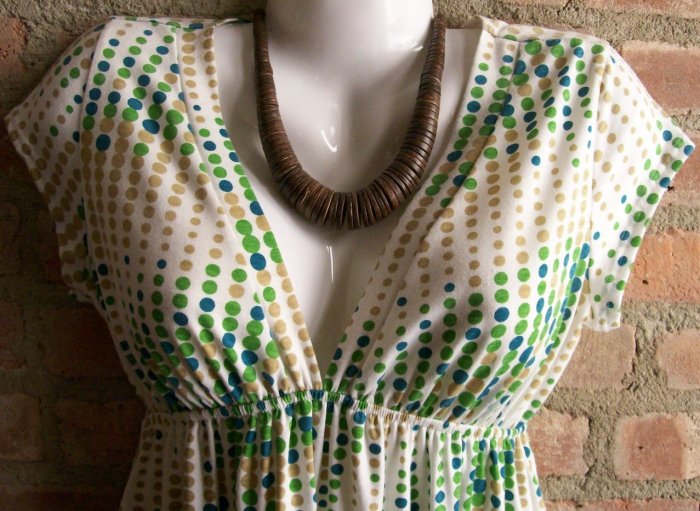 OutFitKit kimono sleeve empire waist geometric blue green tan polka dot dress with accessories
