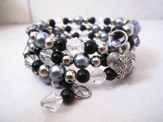 Black and Silver Crystal Cuff Bracelet, Stacking Bracelet
