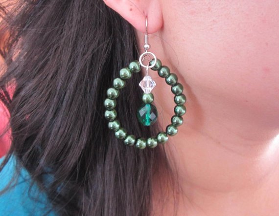 Emerald Pearl and Crystal Earrings, Beaded Earrings, Shell Pearl Earrings