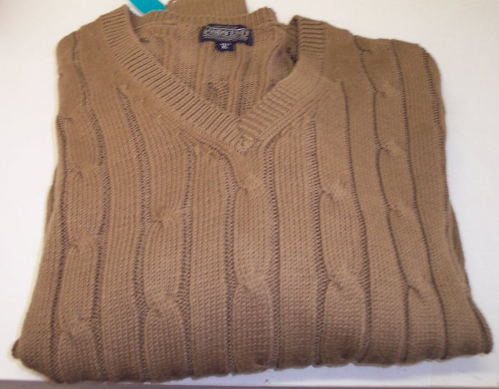 Lands End Men's Cotton Cable Knit V-Neck Sweater ~ XL ~ Camel ~ 670-110