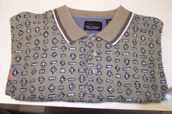 Greg Norman Men's Short Sleeve Polo Shirt ~ XL ~ Taupe Abstract Shapes Print ~ 616-121