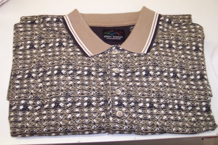 Greg Norman Men's Short Sleeve Polo Shirt ~ Khaki Black Abstract Diamond Print ~ XL ~ 616-119