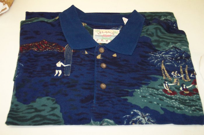 Island Fever Men's Short Sleeve Polo Shirt ~ XL ~ Excellent Condition ~ Blue Hawiian Print ~ 616-123
