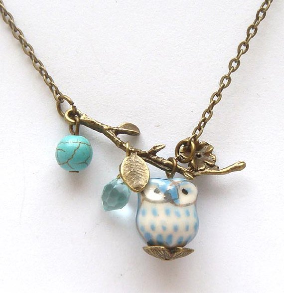 Antiqued Brass Leaf Turquoise Quartz Porcelain Owl Necklace