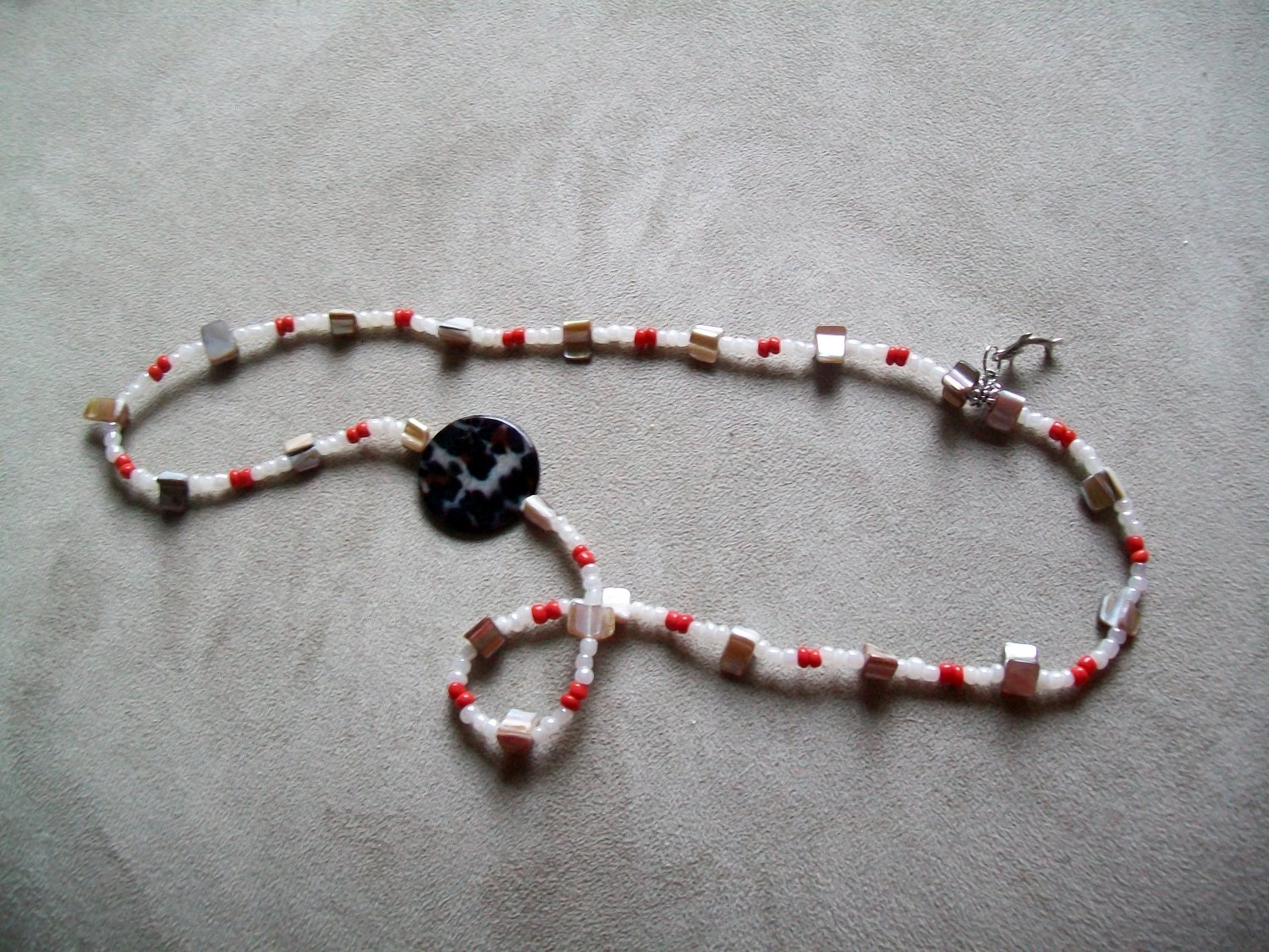 Sweater Necklace-coral chip and white beads