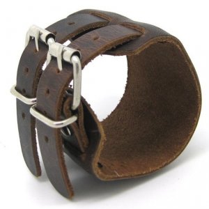 Brown Real Leather Bracelet Cuff Double Buckle 1S