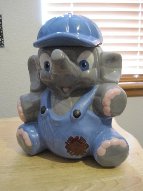 Ceramic Cookie Jar Elephant in Overalls hand-painted from the 80's