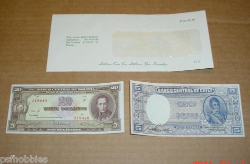 Bolivia 1945 20 Bolivianos Chile 5 Pesos 1940's Uncirculated Crisp Bank Notes