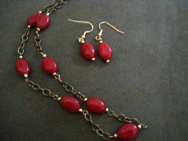 Handmade Genuine Ruby Oval Beads on Brass Chain and Earrings Set