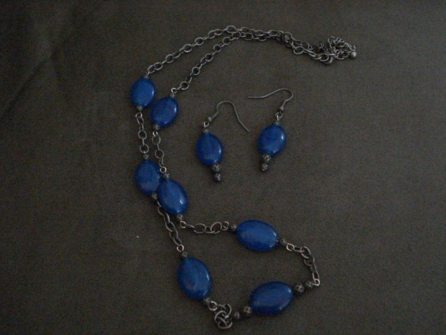 Handmade Genuine Sapphire Oval Beads on Steel Chain and Earrings Set