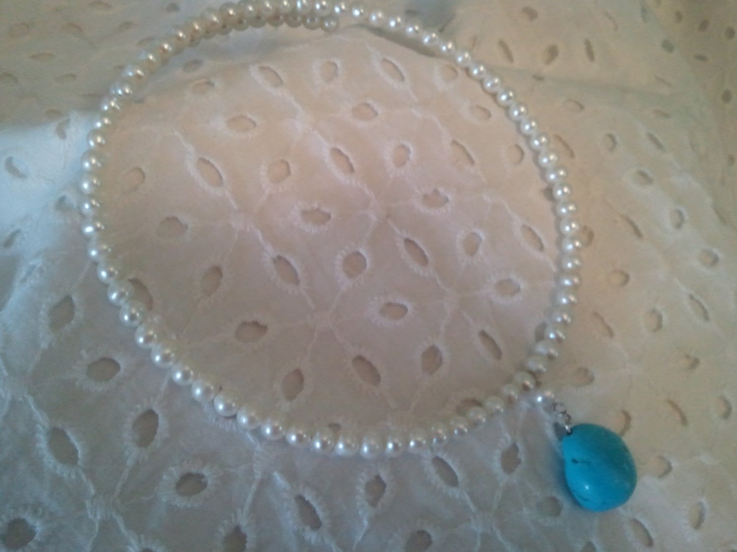 Handmade Freshwater Pearls and Turquoise Pendant Memory Wire Necklace