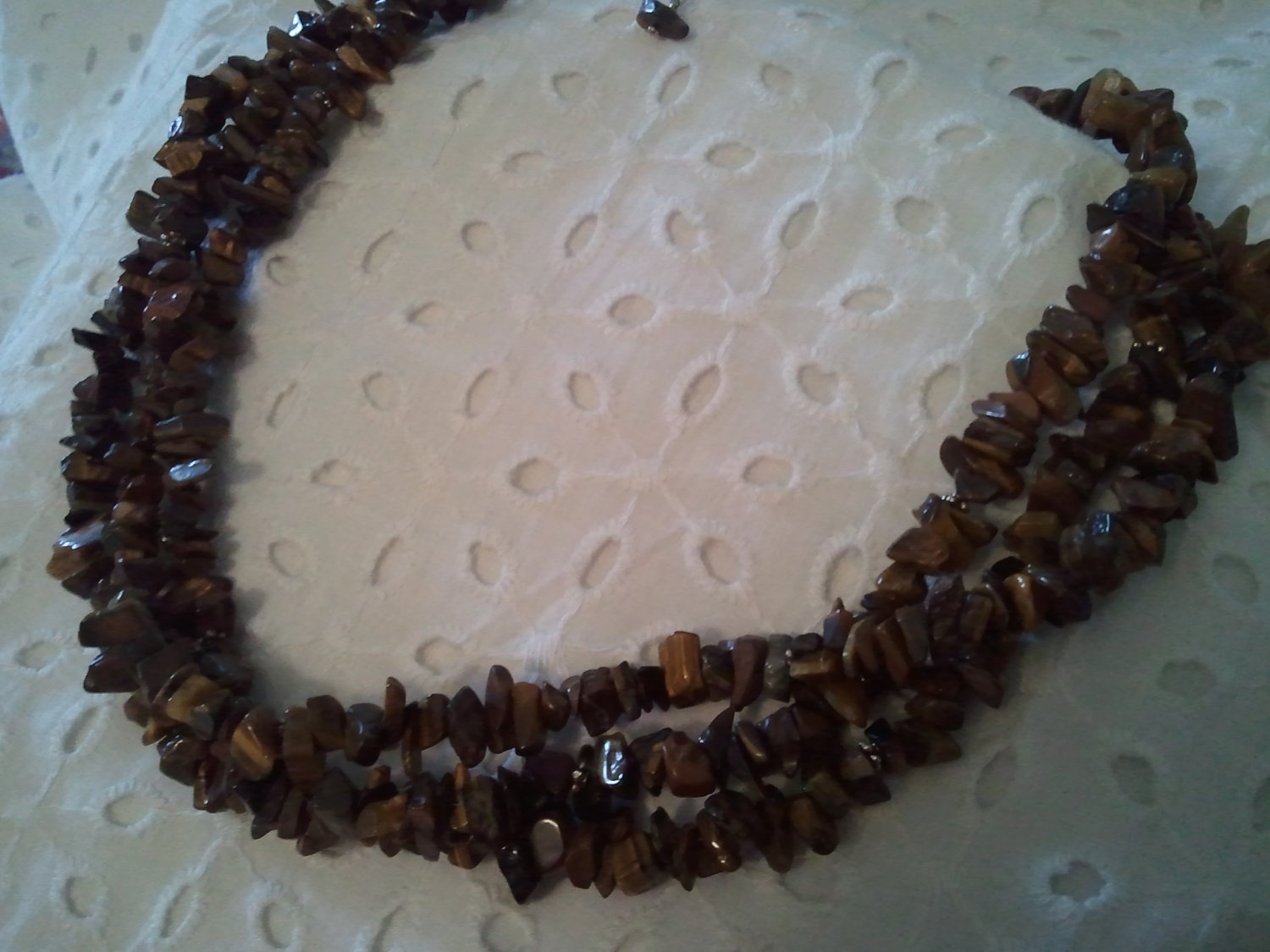 Handmade Three Row Tigers Eye Chips Sterling Silver Clasp Necklace