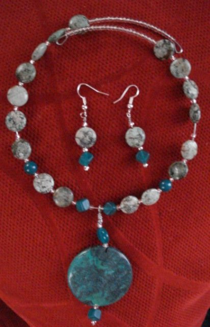 Handmade African Turquoise Beads, Pendant Memory Wire and Earrings Set