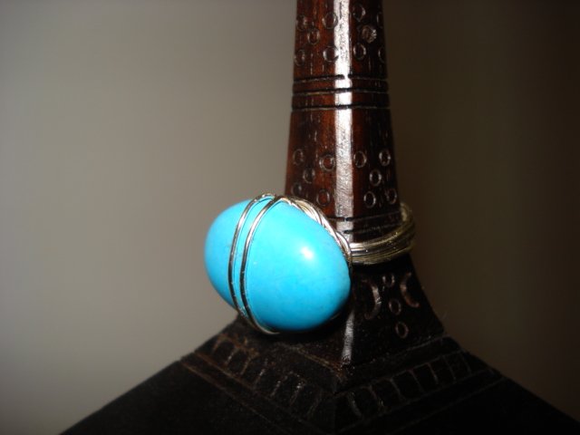 Handcrafted Wire Wrapped Genuine Turquoise Cabochon Ring Size 7