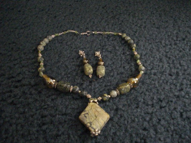 Handmade Natural Green Turquoise with Lampwork Beads and Earrings Set