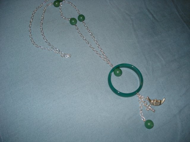 Handmade Genuine Jade Necklace with Silvertone Spiritual Charms
