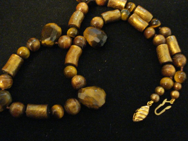 Genuine Tiger Eye Nuggets and Golden Coral Beads Necklace with Vermeil