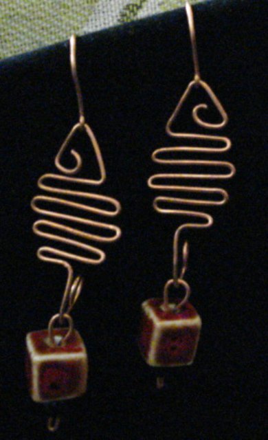 Hand forged Copper Wire Earrings with Ceramic Cubed Beads and Onyx