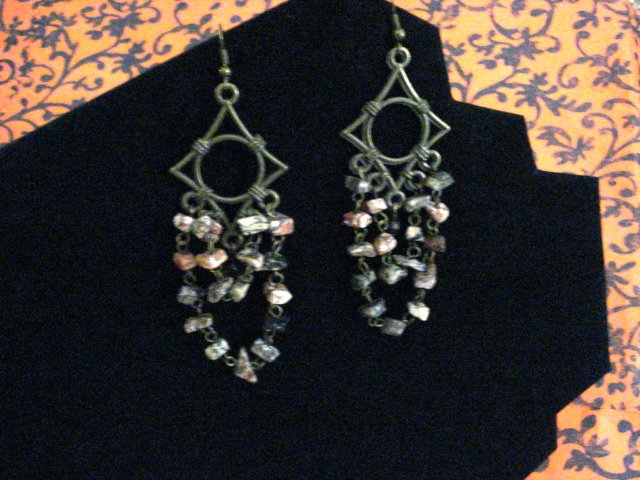 Genuine Picture Jasper Dangling Chips on Brass Earring Settings