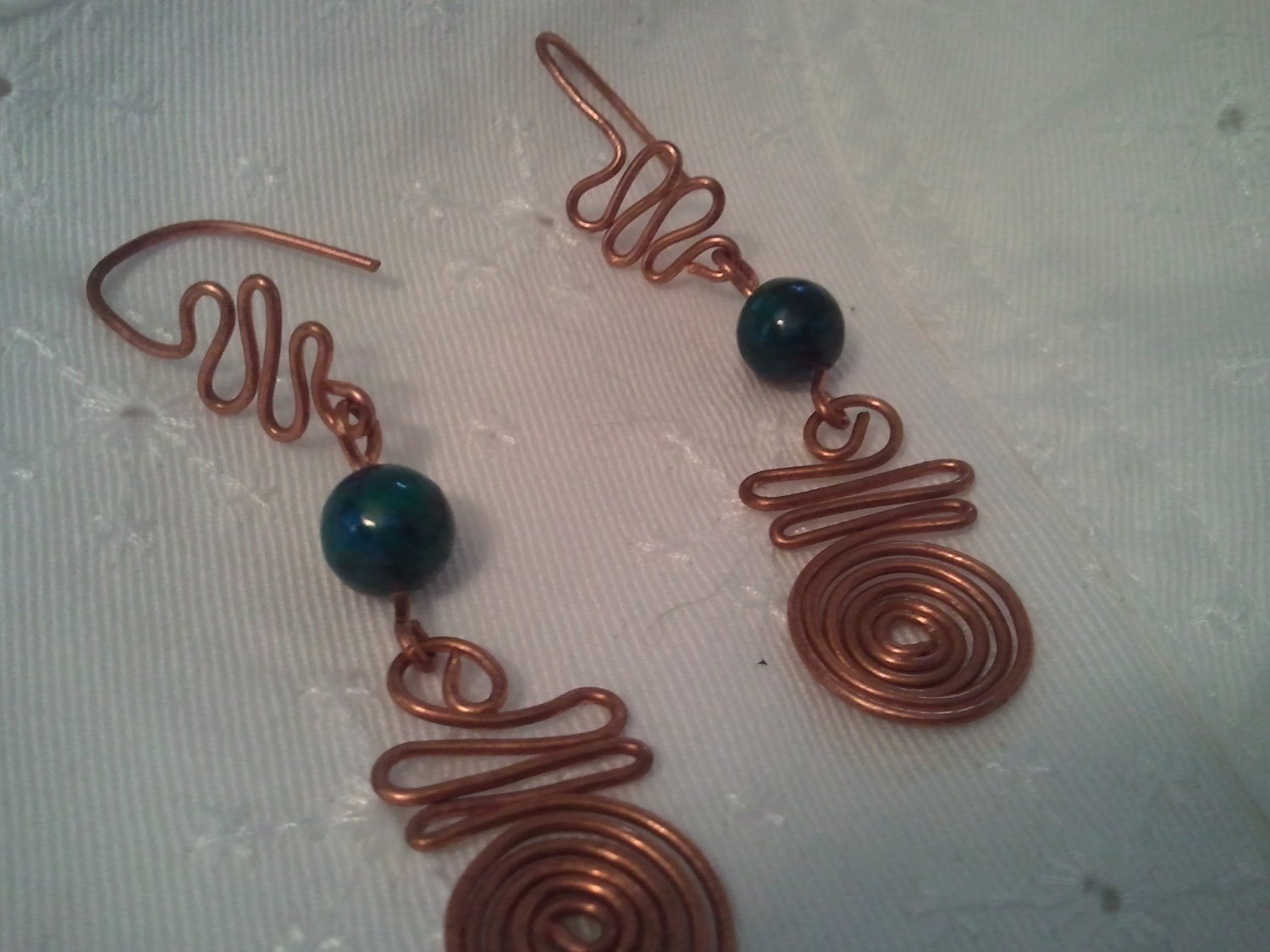 Handcrafted Copper Wire and Genuine Chrysoprase Beads Earrings