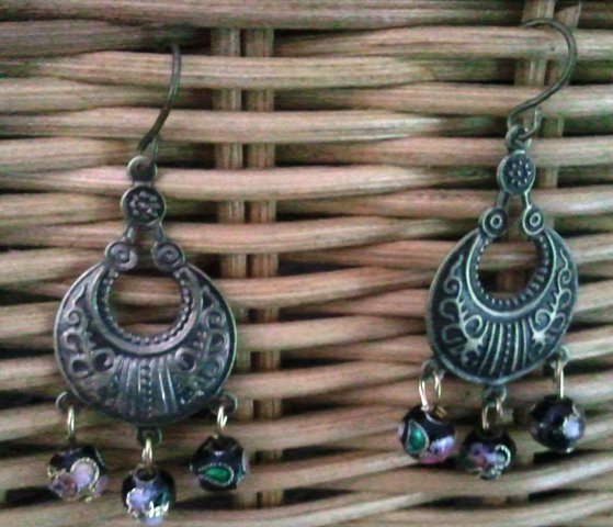 Genuine Black, Cloisonne Beads and Burnt Copper Earrings