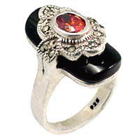 Antique Tone Black Stone Ring (A08404)