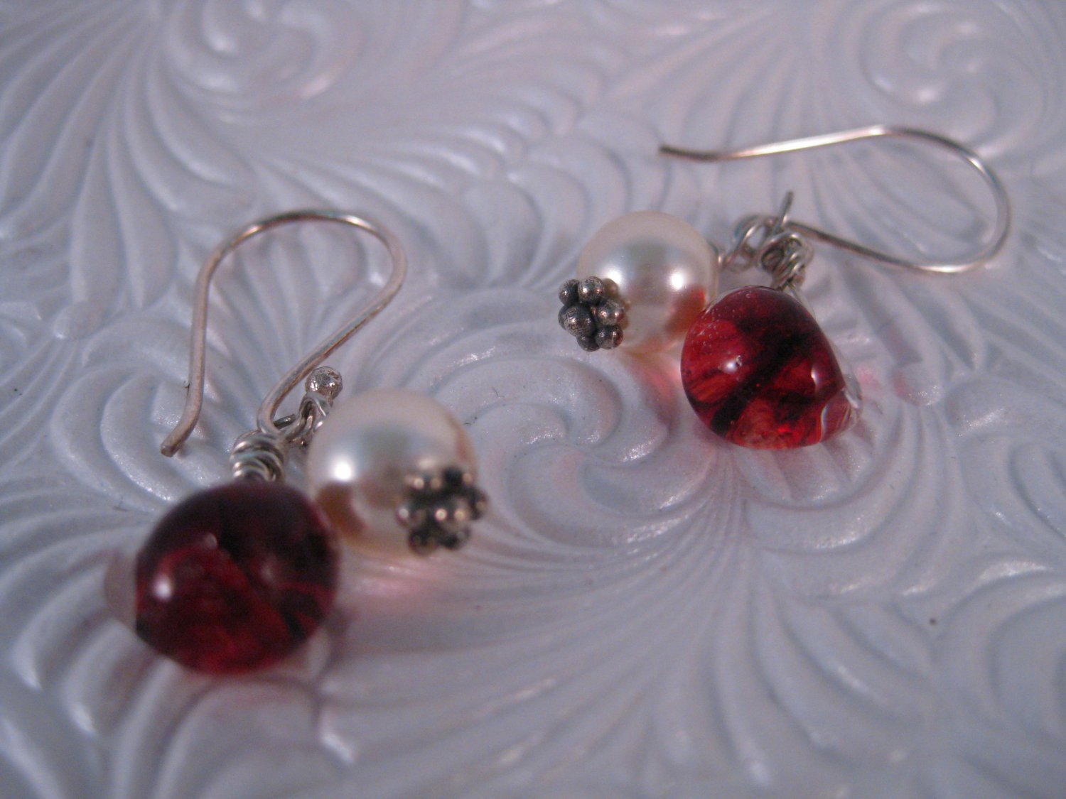 Red Glass and Pearl Drop Earrings