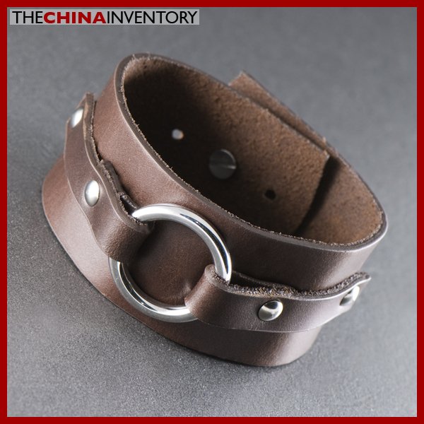 BROWN LEATHER STAINLESS STEEL BANGLE BRACELET B1311A