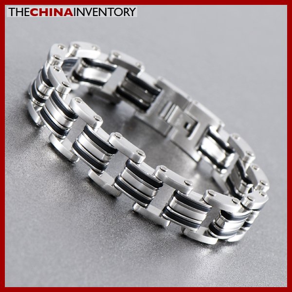 8"" STAINLESS STEEL BLACK RUBBER LINKS BRACELET B1112