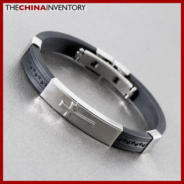 STAINLESS STEEL BLACK RUBBER CUFF BRACELET B1131