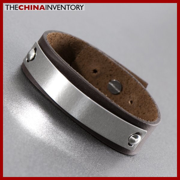 STAINLESS STEEL BROWN LEATHER BANGLE BRACELET B1108
