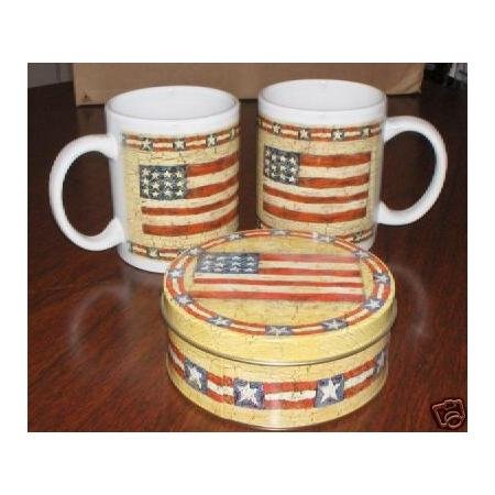 2 Patriotic Flag Mugs and matching tin~Thirstystone