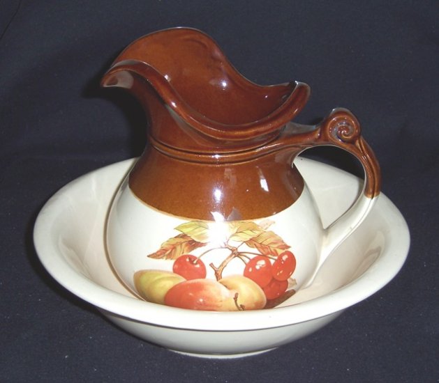 McCoy PITCHER & WASH BASIN PEACHES & CHERRYS "MARKED"