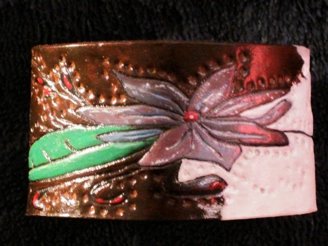 Lavender Floral Leather Bracelet Hand Carved Item 143
